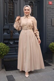 Buttoned Dark Beige Modest Dress 19044KBEJ - 3