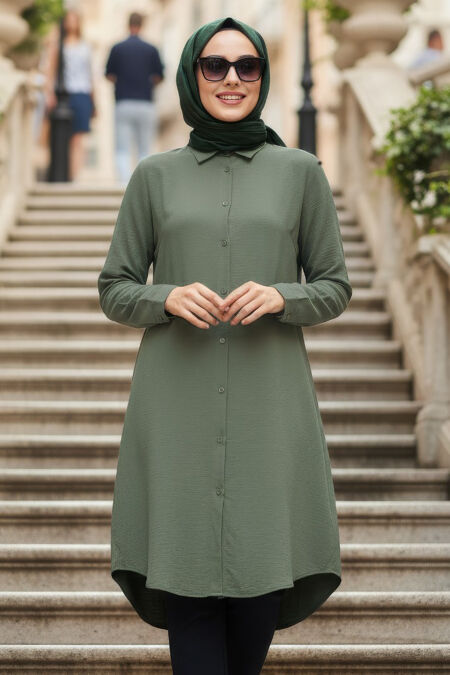Buttoned Dark Khaki Modest Tunic 11750KHK - 