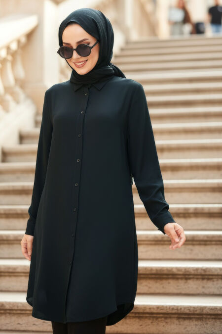 Buttoned Dark Navy Blue Modest Tunic 11750KL - 