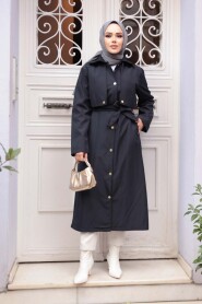 Buttoned Dark Navy Modest Trench Coat 62131KL - 2