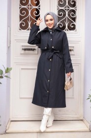 Buttoned Dark Navy Modest Trench Coat 62131KL - 1