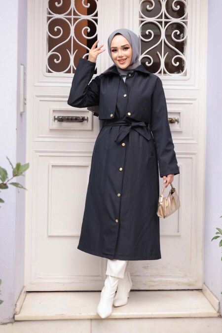 Buttoned Dark Navy Modest Trench Coat 62131KL - NEVA STYLE