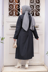 Buttoned Dark Navy Modest Trench Coat 62131KL - 3
