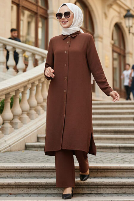 Buttoned Dark Tan Modest Two-Piece Set 12791KTB - 