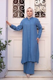Buttoned Indigo Blue Modest Three-Piece Set 76591IM - 1