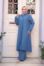 Buttoned Indigo Blue Modest Three-Piece Set 76591IM - 3