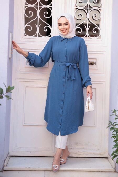 Buttoned Indigo Blue Modest Tunic 32172IM - NEVA STYLE