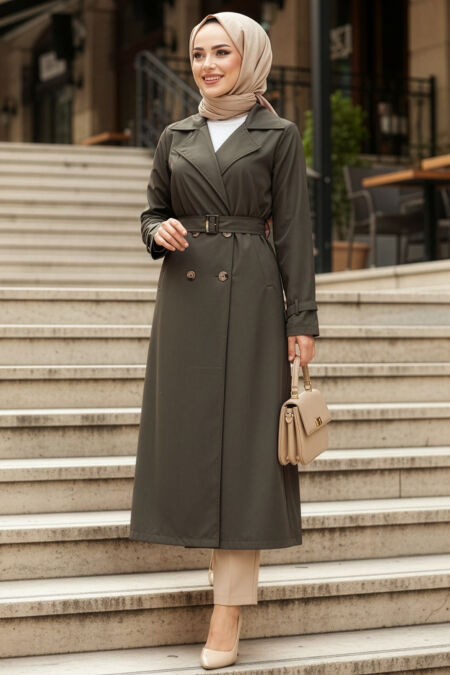 Buttoned Khaki Modest Trench Coat 62223HK - 