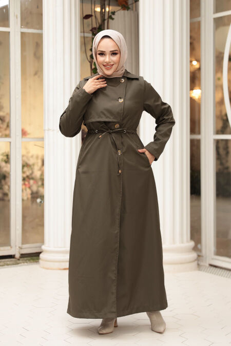 Buttoned Khaki Modest Trench Coat 62231HK - NEVA STYLE