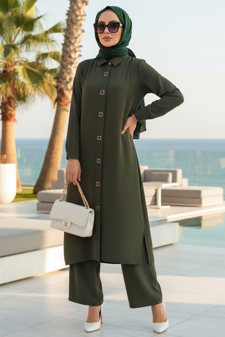 Buttoned Khaki Modest Two-Piece Set 12791HK - 