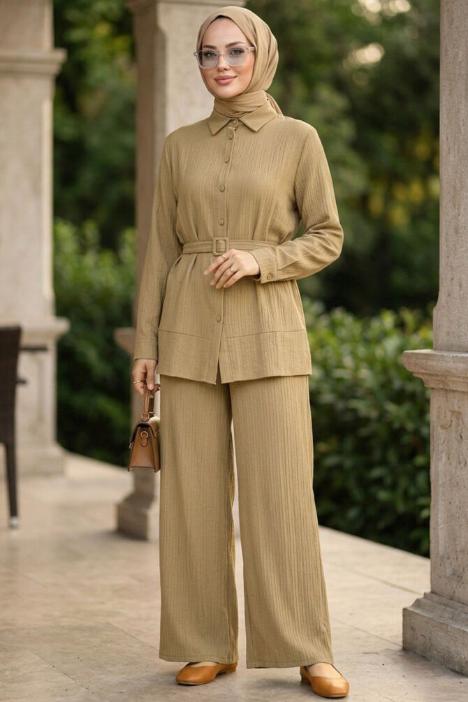 Buttoned Light Khaki Modest Two-Piece Set 20374AHK - 