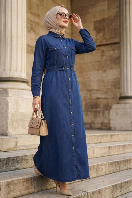 Buttoned Navy Blue Modest Denim Dress 19169L - 