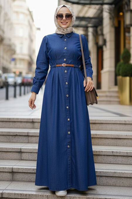 Buttoned Navy Blue Modest Denim Dress 19172L - 