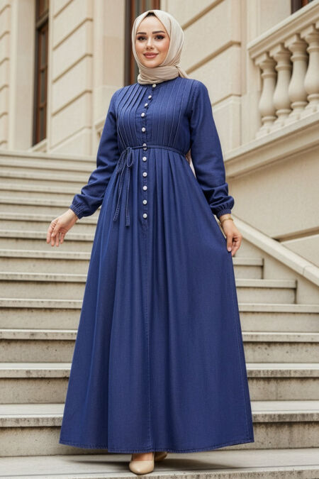 Buttoned Navy Blue Modest Denim Dress 19175L - 