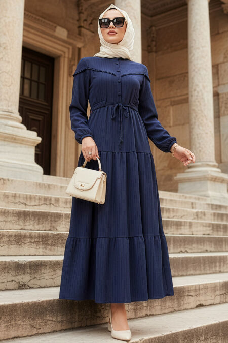 Buttoned Navy Blue Modest Dress 10213L - 