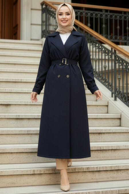 Buttoned Navy Blue Modest Trench Coat 62223L - 