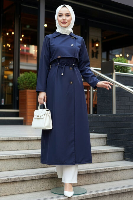 Buttoned Navy Blue Modest Trench Coat 684L - 