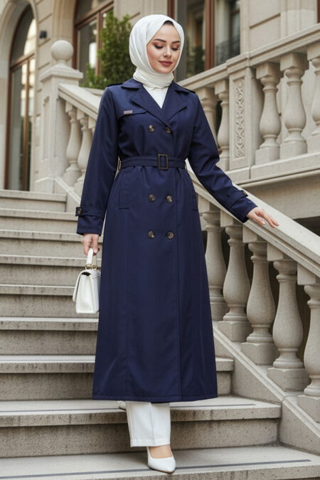 Buttoned Navy Blue Modest Trench Coat 7261L - 