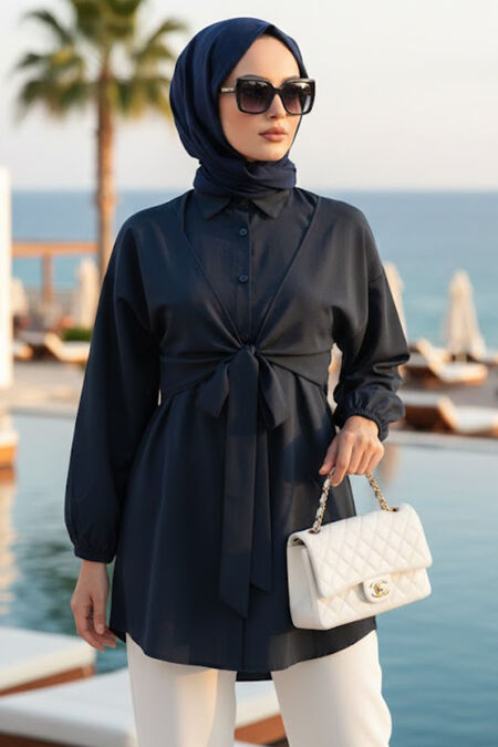 Buttoned Navy Blue Modest Tunic 20316L - 