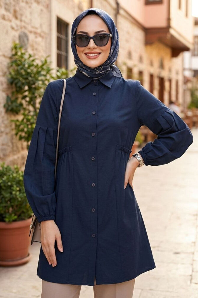 Buttoned Navy Blue Modest Tunic 20377L - 