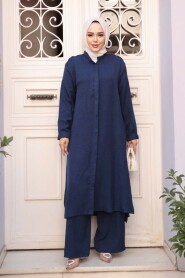 Buttoned Navy Modest Three-Piece Set 76591L - 1