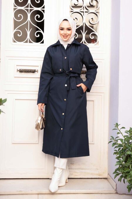 Buttoned Navy Modest Trench Coat 62131L - NEVA STYLE
