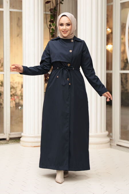 Buttoned Navy Blue Modest Trench Coat 62231L - NEVA STYLE
