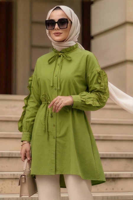 Buttoned Olive Green Modest Tunic 20295YY - 