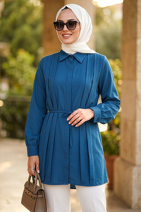 Buttoned Petrol Green Modest Tunic 20273PY - 