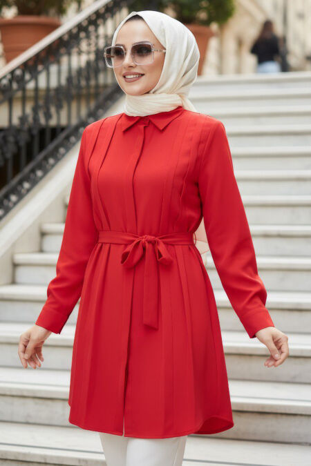 Buttoned Red Modest Tunic 20273K - 