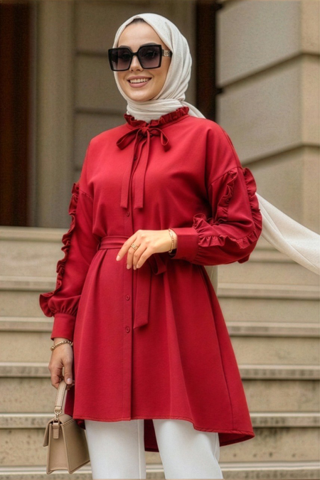 Buttoned Red Modest Tunic 20295K - 