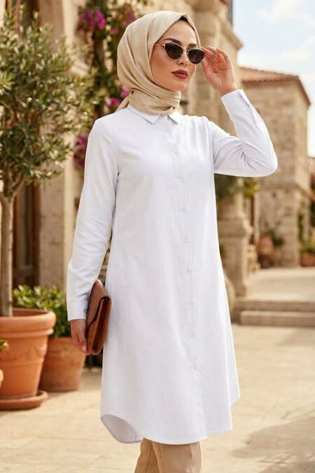 Buttoned White Modest Tunic 11751B - 
