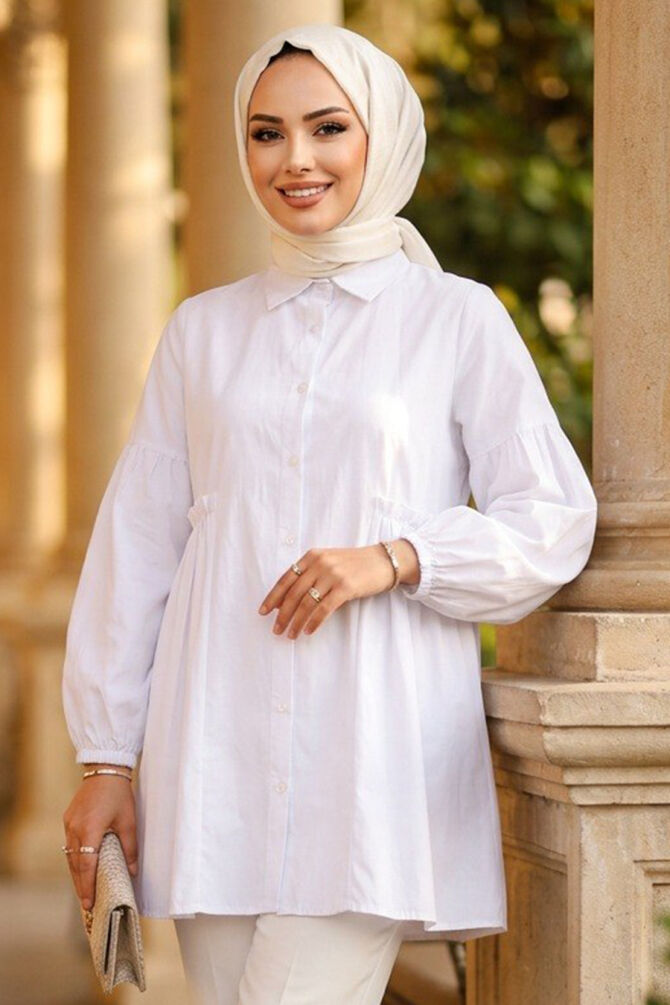 Buttoned White Modest Tunic 20377B - 