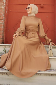 Camel Satin Modest Evening Gown 5983C - 4