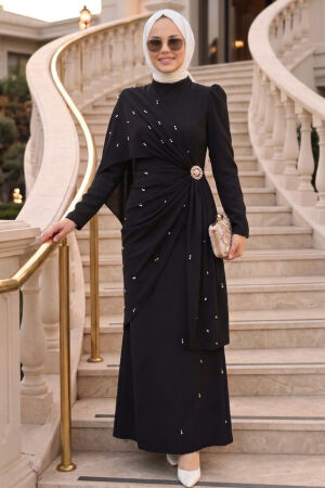 Cape Detail Black Modest Evening Dress 56101S - 