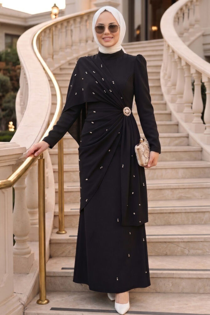 Cape Detail Black Modest Evening Dress 56101S - 