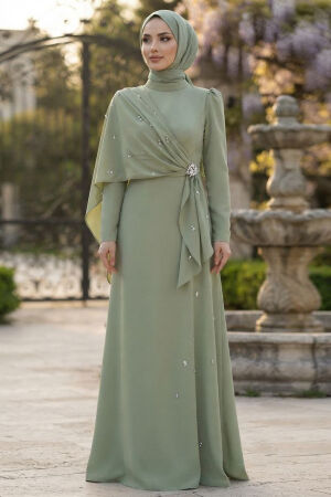 Cape Detail Mint Modest Evening Dress 56101MINT - 
