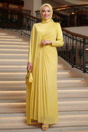 Cape Detail Yellow Modest Evening Dress 52142SR - 