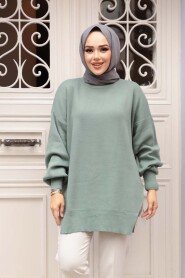 Chain Detailed Mint Knit Modest Sweater Tunic 17202MINT - 1