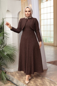 Plaid Brown Tweed Modest Dress 62512KH - 1