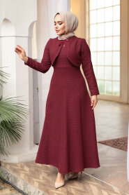 Plaid Claret Red Tweed Modest Dress 62512BR - 1