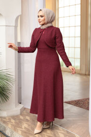 Plaid Claret Red Tweed Modest Dress 62512BR - 2
