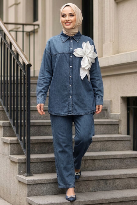 Flower Detailed Dark Blue Modest Denim Two-Piece Set 19155KM - 
