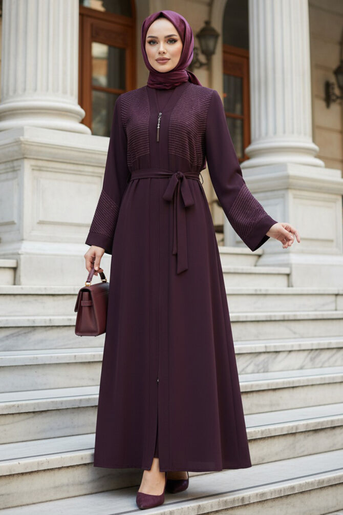 Striped Stone Detail Zippered Purple Modest Abaya 29133MOR - 