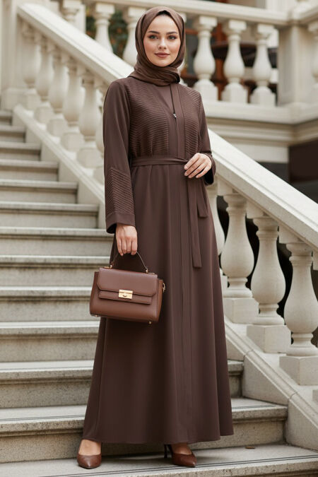 Striped Stone Detail Zippered Mink Modest Abaya 29133V - 