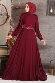 Claret Red Hijab Evening Dress 20730BR - 1