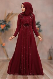 Clared Red Hijab Evening Dress 50030BR - 3