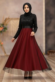 Clared Red Hijab Evening Dress 50040BR - 1