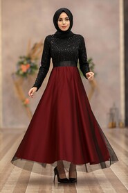 Clared Red Hijab Evening Dress 50040BR - 2