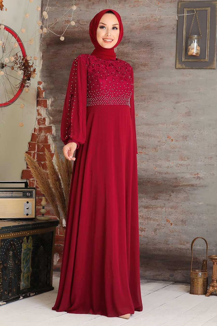 Plus Size Claret Red Hijab Evening Dress 50060BR - Neva-style.com